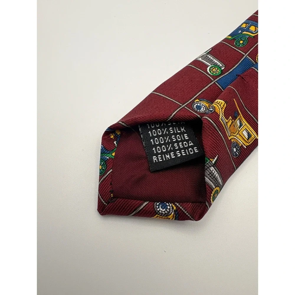 Oxford Mens Silk Tie Burgundy Vintage Antique Cars Novelty Grid Pattern Red